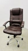 A BROWN FAUX LEATHER REVOLVING EXECUTIVE OFFICE CHAIR.