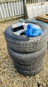 A SET OF FOUR FIAT ALLOY WHEELS AND TYRES + BOLTS - CONDITION OF SALE FOR OFF ROAD USE ONLY.