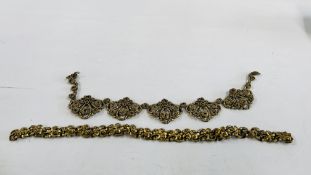 TWO ELABORATE VINTAGE GILT CHOKER STYLE NECKLACES OF INTERTWINED DESIGN.