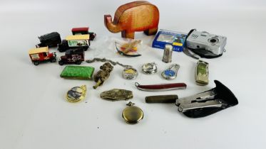 BOX OF MIXED COLLECTABLES INCLUDING POCKET KNIVES, POCKET WATCHES, LLEDO VEHICLES, DOOR KNOCKER,