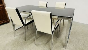 DESIGNER RETRO STYLE CHROME AND BLACK GLASS DINING TABLE AND SET OF FOUR CHROME FRAMED DINING