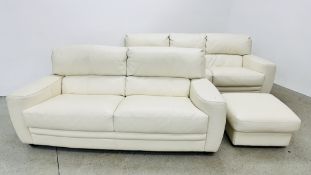 A PAIR OF SOFITALIA CREAM LEATHER DESIGNER SOFAS (3 SEATER AND 2 SEATER) PLUS MATCHING FOOTSTOOL.