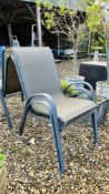 A SET OF FOUR METAL FRAMED STACKING GARDEN CHAIRS.