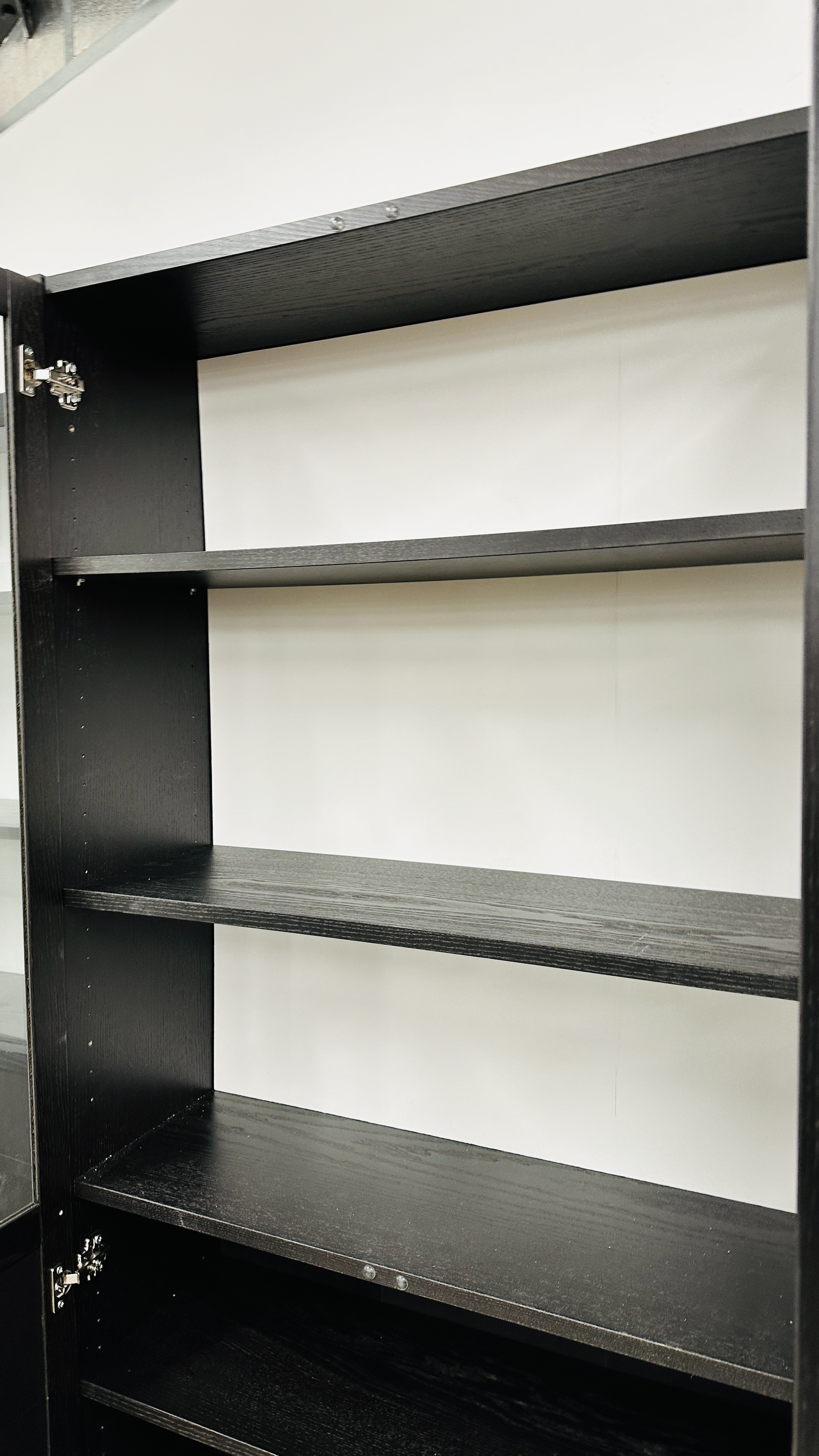2 X MODERN BLACK ASH EFFECT FINISH FULL HEIGHT WALL CABINETS WITH GLAZED TOPS EACH W 80CM, D 30CM, - Image 8 of 8