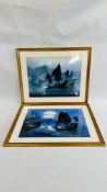 TWO FRAMED AND MOUNTED OIL ON CANVAS PAINTINGS OF EASTERN FISHING BOATS AT NIGHT - SIGNED F.