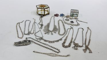TWO GLASS JEWELLERY BOXES FILLED WITH A SELECTION OF VINTAGE RHINESTONE,