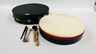 A TRADITIONAL IRISH BODHRAN 18 INCH IN FITTED TRANSIT CASE.