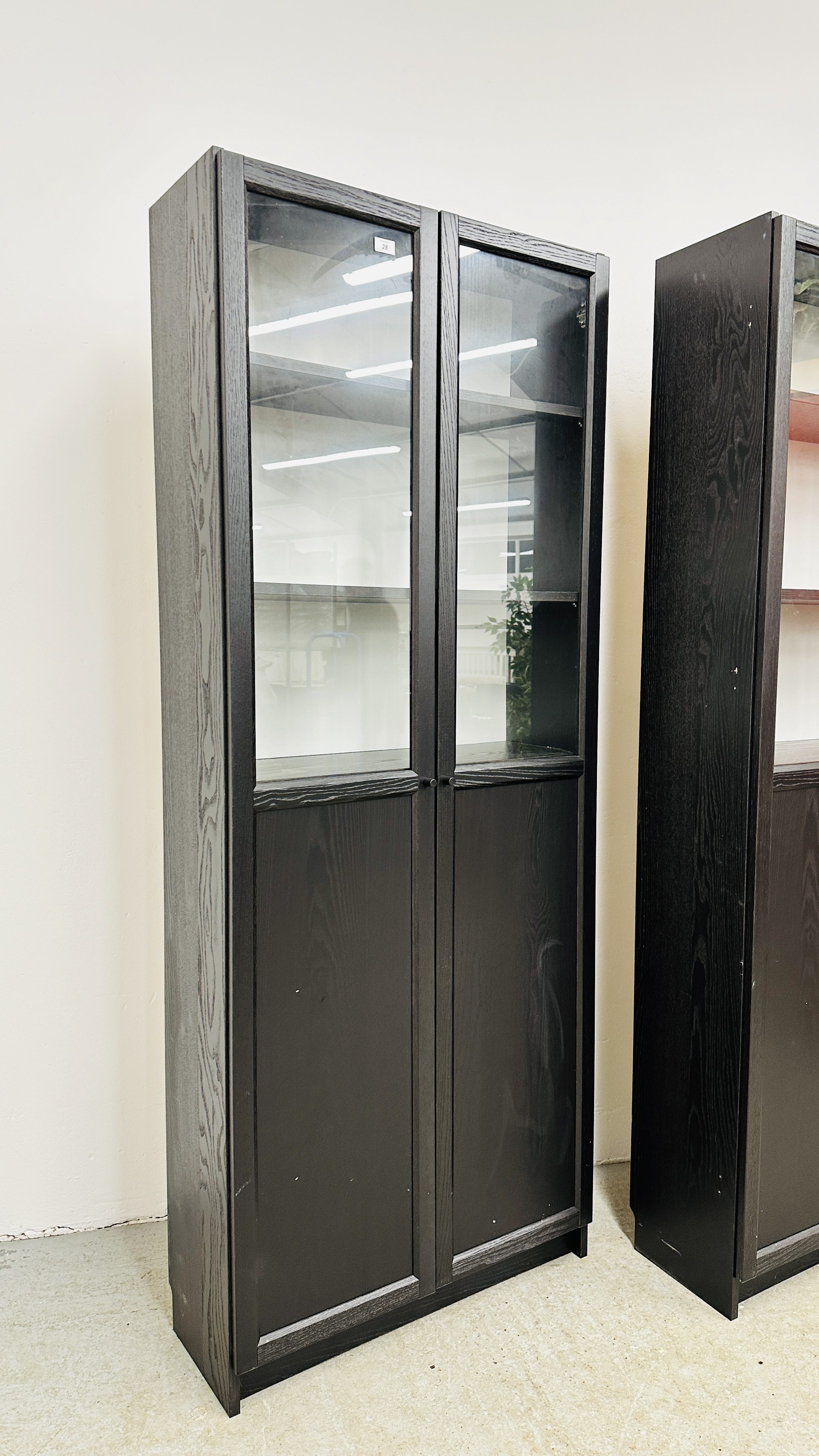 2 X MODERN BLACK ASH EFFECT FINISH FULL HEIGHT WALL CABINETS WITH GLAZED TOPS EACH W 80CM, D 30CM, - Image 4 of 8