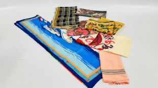 A GROUP OF APPROXIMATELY 7 VINTAGE SCARVES TO INCLUDE MARY QUANT, HARDY AMIES, JIN THOMPSON ETC.