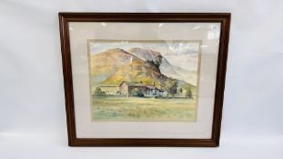 A FRAMED AND MOUNTED WATERCOLOUR BEARING SIGNATURE EMOUALEY 1990 FELL FOOT FARM LITTLE LONGDALE,