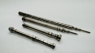 TWO ANTIQUE SILVER PENCILS/HOLDER ALONG WITH A FURTHER TWO VINTAGE WHITE METAL ENGINE TURNED PENCIL