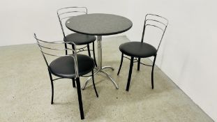 A MODERN DESIGNER QUARTZ TOP BISTRO TABLE ON A CHROME PEDESTAL BASE - DIAMETER 69CM ALONG WITH A