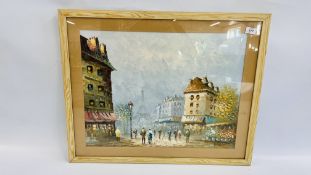 FRAMED AND MOUNTED OIL ON BOARD PARISIAN SCENE BEARING SIGNATURE BURNETT, W 60CM X H 47CM.