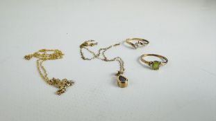 SMALL GROUP OF RINGS AND NECKLACES TO INCLUDE 9CT RING SET WITH CZ, 9CT RING SET WITH GREEN STONE,