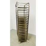 STAINLESS STEEL 20 TIER COMMERCIAL WHEELED BAKING TRAY RACK COMPLETE WITH TRAYS - HEIGHT 182CM.