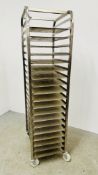 STAINLESS STEEL 20 TIER COMMERCIAL WHEELED BAKING TRAY RACK COMPLETE WITH TRAYS - HEIGHT 182CM.