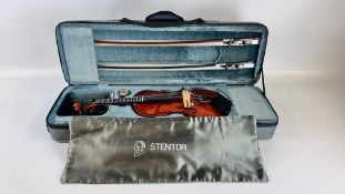 THE STENTOR CONSERVATOIRE VIOLIN COMPLETE WITH TWO BOWS, HARD TRAVEL CASE AND VARIOUS ACCESSORIES.