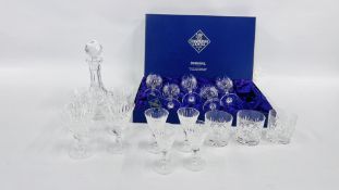 A BOX CONTAINING 5 EDINBURGH CRYSTAL GLASSES + 3 UNBOXED TUMBERS AND DECANTER + A SET OF 4