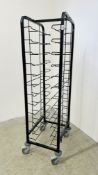 A BLACK FINISH WHEELED 12 TIER COMMERCIAL WHEELED RACK.