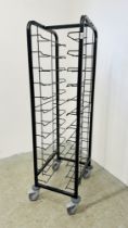 A BLACK FINISH WHEELED 12 TIER COMMERCIAL WHEELED RACK.