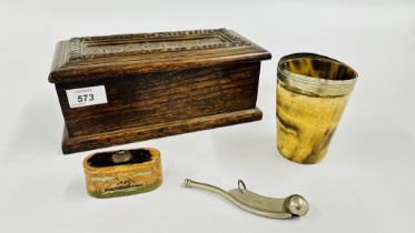 A CARVED OAK BOX ALONG WITH A HORN BEAKER, HANDPAINTED MARINE SNUFF BOX AND A BOATSWAINS WHISTLE.