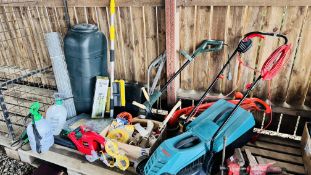 QUANTITY ASSORTED MAINLY GARDEN EQUIPMENT TO INCLUDE BOSCH ROTAK 32R ELECTRIC MOWER WITH GRASS