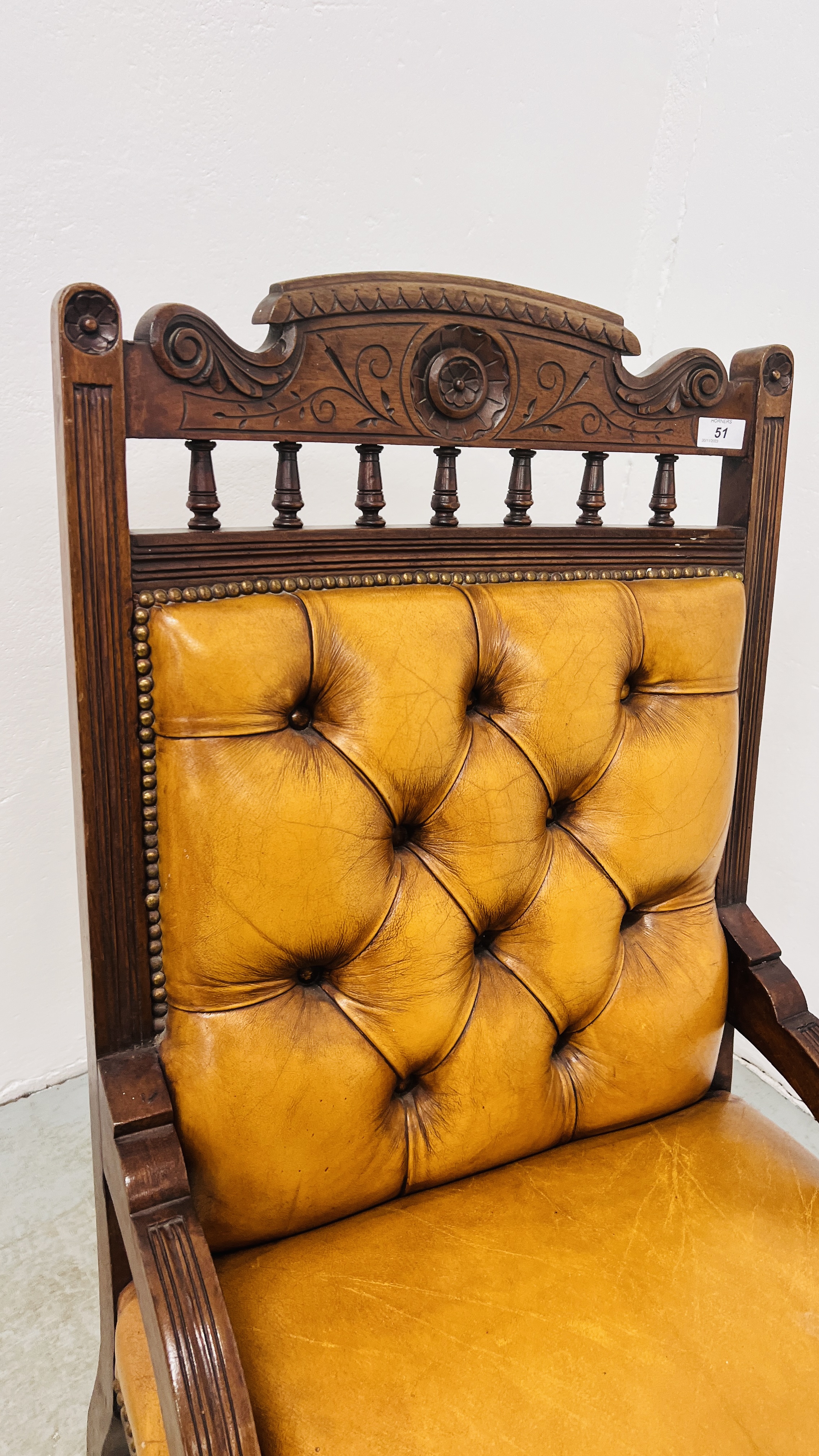 ANTIQUE EDWARDIAN MAHOGANY LOW CHAIR UPHOLSTERED IN TAN LEATHER - BUTTON BACK. - Image 2 of 12