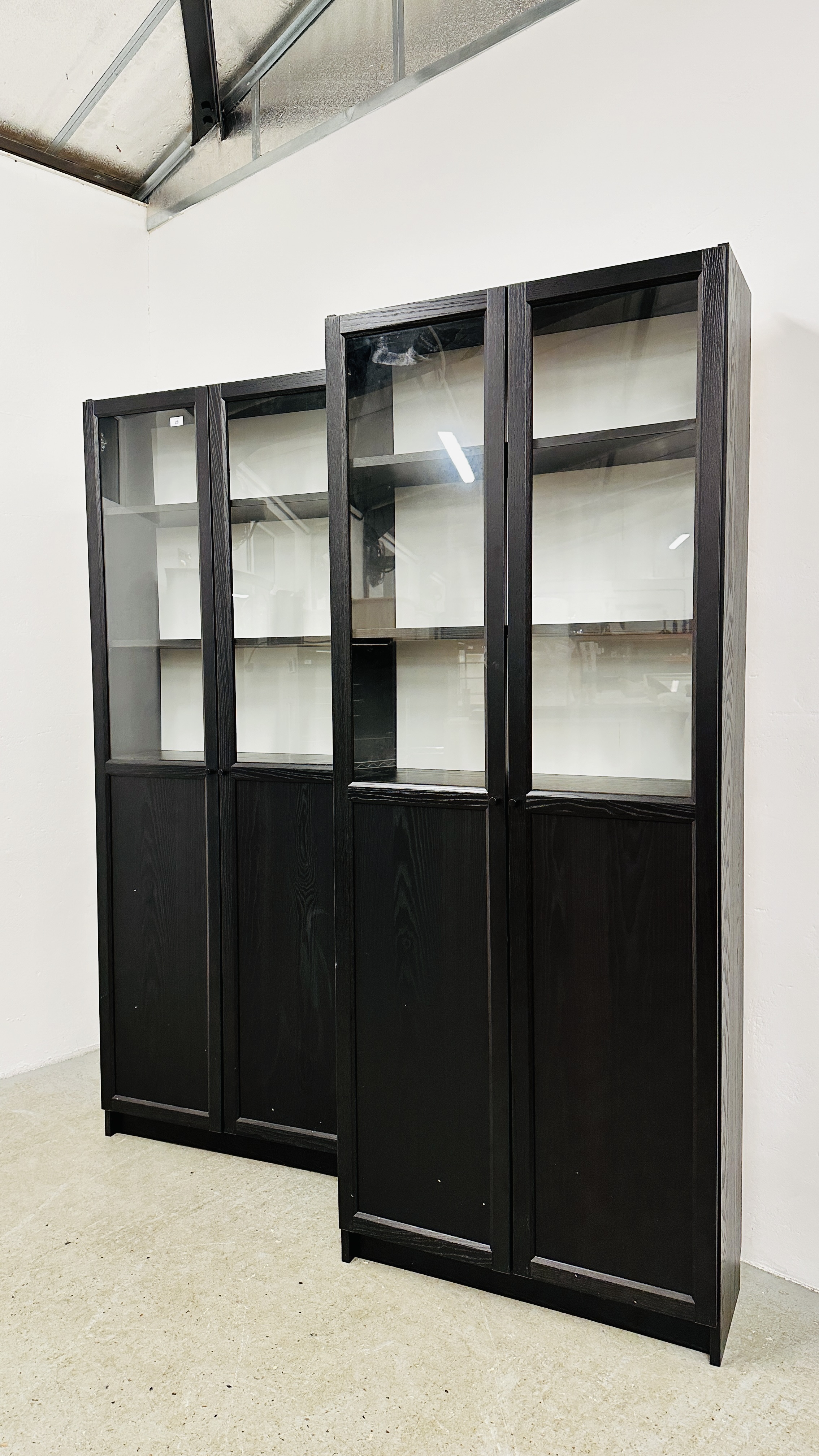 2 X MODERN BLACK ASH EFFECT FINISH FULL HEIGHT WALL CABINETS WITH GLAZED TOPS EACH W 80CM, D 30CM,