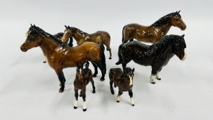 A GROUP OF 8 BESWICK HORSE ORNAMENTS TO INCLUDE A SHETLAND & FOAL & NEW FOREST,