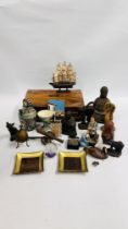 AN EASTERN HARDWOOD TWO DRAWER STATIONARY BOX ALONG WITH A BOX OF ASSORTED COLLECTABLES GLASS