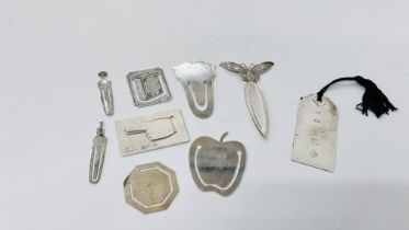 A GROUP OF 9 SILVER BOOKMARKS INCLUDING BUTTERFLY DESIGN, APPLE DESIGN ETC.