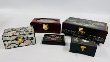 SELECTION OF 5 ORIENTAL JEWELLERY BOXES.