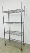 A FOUR TIER ADJUSTABLE SHELVED METAL RACK ON WHEELS - W 92CM, D 46CM, H 193CM.