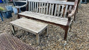 A HARDWOOD GARDEN BENCH LENGTH 180CM AND HARDWOOD GARDEN COFFEE TABLE.