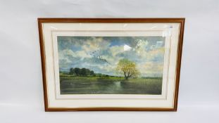 FRAMED AND MOUNTED OIL ON BOARD JOHN STEVENS OF A BROADLAND SCENE AND FLYING DUCKS 74CM X 42CM.