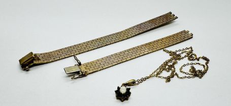 A VINTAGE 9CT GOLD WATCH STRAP A/F ALONG WITH A 9CT GOLD OPAL PENDANT ON A FINE YELLOW METAL CHAIN.