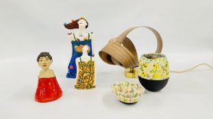 A GROUP OF 5 MODERN ART POTTERY PIECES INCLUDING WOMEN MARKED KR, 2 STAGGERED WOMEN, BOWL,