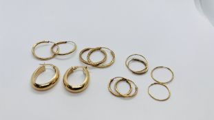 TWO PAIRS OF 9CT GOLD HOOP EARRINGS ALONG WITH A FURTHER THREE PAIRS OF YELLOW METAL EXAMPLE AND