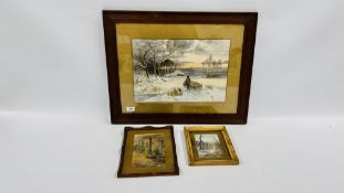 A FRAMED AND MOUNTED WATERCOLOUR OF A SHEPHERD DRIVING HIS SHEEP ON A WINTERS DAY BEARING SIGNATURE