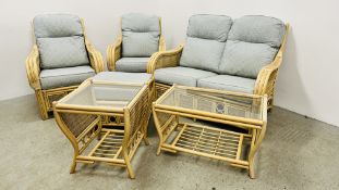 A MODERN 6 PIECE CANE CONSERVATORY SUITE COMPRISING OF A 2 SEATER SOFA, 2 ARMCHAIRS,