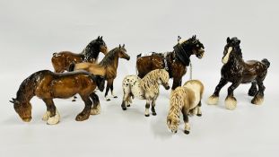 A GROUP OF 3 CERAMIC BESWICK HEAVY HORSES ORNAMENTS AND ONE OTHER ALONG WITH A FURTHER 3 MATT