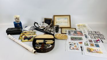 A BOX OF COLLECTIBLES TO INCLUDE A SILVER PLATED 3 PIECE TEASET, STAMPS AND POSTERS,