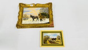 TWO JOHN MUNNINGS FRAMED OIL ON BOARDS TO INCLUDE "THE HOLLY MAN" W34 X H 24CM AND "THE PLOUGHMAN"