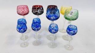 A SET OF 6 BOHEMIAN CRYSTAL GLASS HOOKS ALONG WITH A FURTHER SET OF LIQUEUR GLASSES.