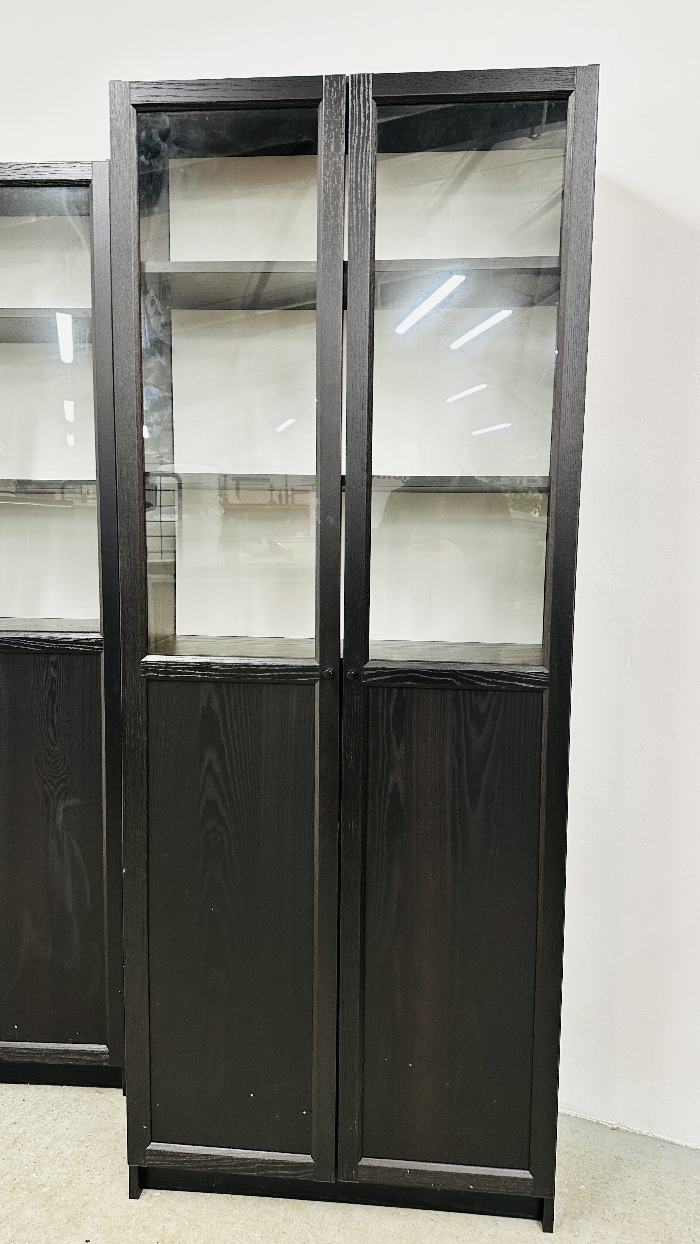 2 X MODERN BLACK ASH EFFECT FINISH FULL HEIGHT WALL CABINETS WITH GLAZED TOPS EACH W 80CM, D 30CM, - Image 2 of 8