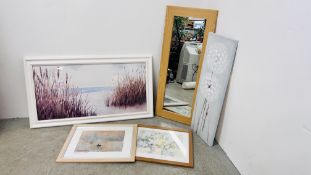 A MODERN LIGHT OAK FINISH WALL MIRROR ALONG WITH A GROUP OF MODERN FRAMED PRINTS AND A CANVAS