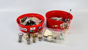 2 X TUBS OF ASSORTED COSTUME JEWELLERY & WATCHES TO INCLUDE GOLD TONE NECKLACES, CAMEO BROOCH,