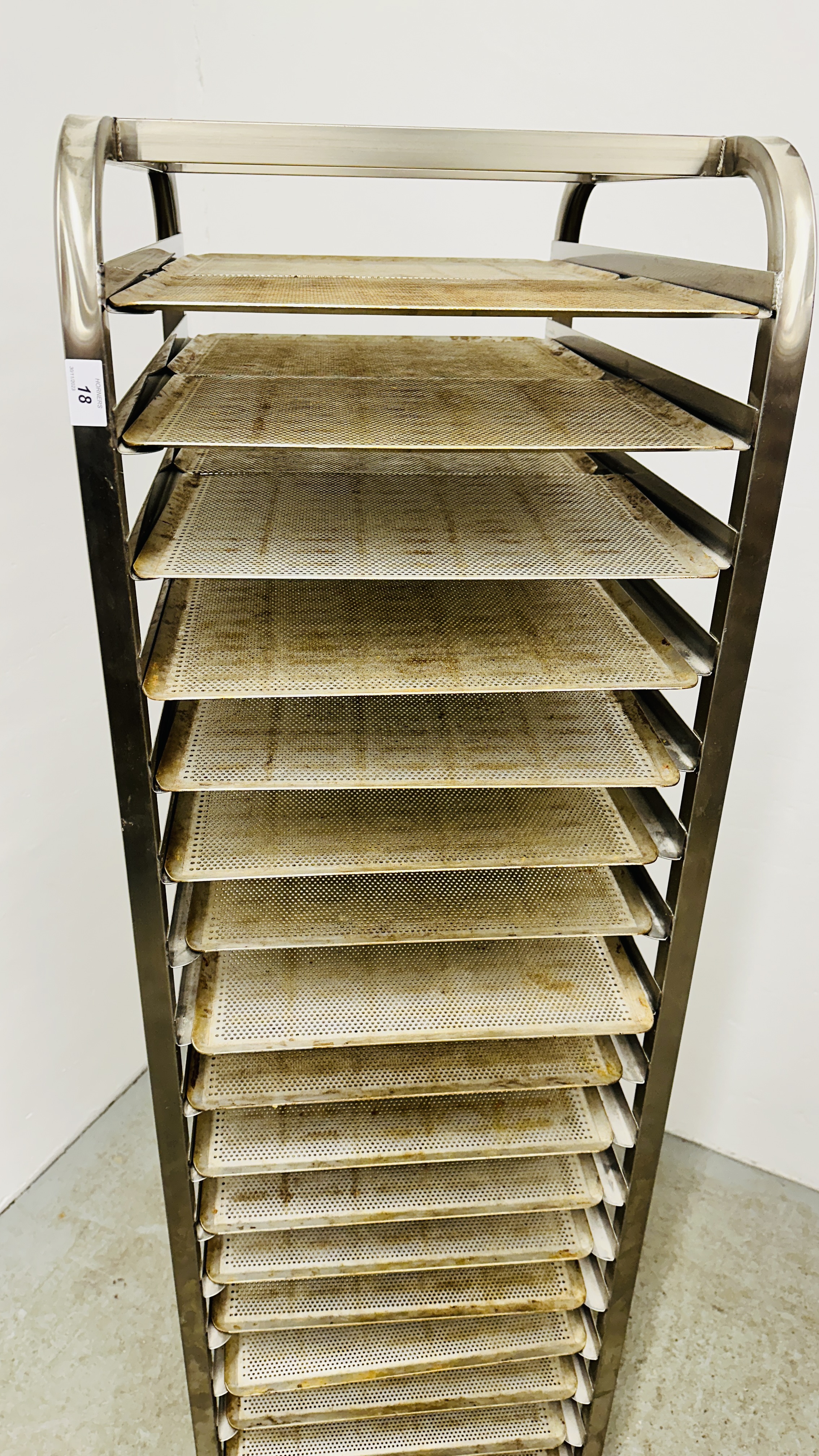 STAINLESS STEEL 20 TIER COMMERCIAL WHEELED BAKING TRAY RACK COMPLETE WITH TRAYS - HEIGHT 182CM. - Image 2 of 7