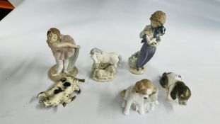 A GROUP OF 5 CABINET ORNAMENTS TO INCLUDE LLADRO EXAMPLES AND A STUDIO POTTERY PIG.