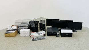 A QUANTITY OF MIXED OFFICE SUPPLIES AND COMPUTER EQUIPMENT TO INCLUDE 2 X HP SLIMLINE DESK TOP